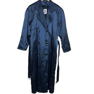 Vintage JNY Jones New York Metallic Blue Trench Coat Classic Chic Outerwear 8R
